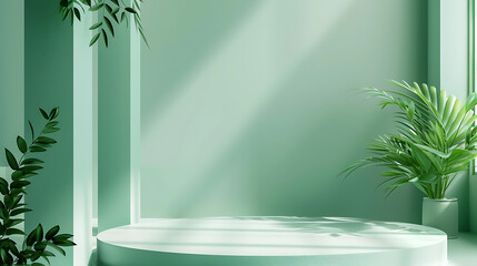 Poster - A round podium with green plants stands in a minimalist studio setting with natural light and shadows