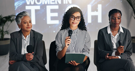 Poster - Business women, seminar or mic with tablet for presentation, discussion or tech summit at workplace. Female people, employees or group with technology for speech, convention or corporate tradeshow