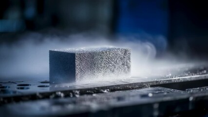 Poster - Cold metal block releasing white vapor from intense cryogenic cooling, demonstrating physics phenomenon of liquid nitrogen transforming material state against dark industrial background