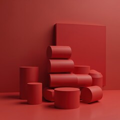 Poster - Red 3D rendered geometric shapes cylinders, cubes, square podium, background. Minimalist design for product presentation, studio display, art, decoration, advertising. Empty space for text. Modern