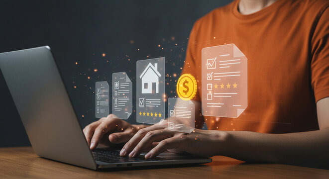 person using laptop with floating house icon, checklist and dollar coin graphics overlayed on the sc