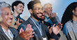© peopleimages.com - Applause, celebration and business people with forum for achievement, victory and goal. Clapping hands, presentation and audience of workers at thank you conference or good job meeting in workplace