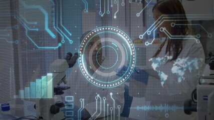 Poster - Woman tapping tablet pulsing circuit overlay for tech research, man focusing microscope analyzing