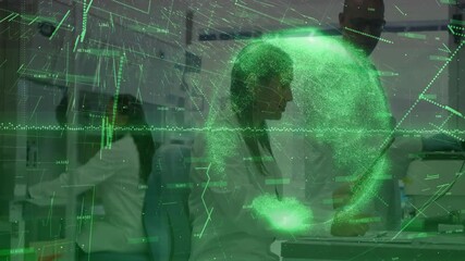 Poster - Entering data activating green waveform overlay research team collaborating with rotating 3D globe