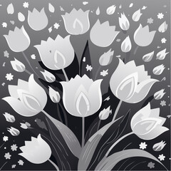 Poster - An elegant grayscale illustration showcasing a stylized floral arrangement of tulips and smaller flower blossoms, perfect for decorative design.
