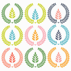 Poster - Collection of nine colorful laurel wreaths with central leaf designs, each variation representing different hues and artistic styles, ideal for various design projects.