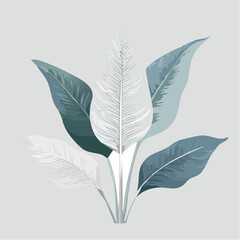 Poster - Elegant botanical illustration featuring stylized leaves and feathers in shades of blue and white, perfect for modern design projects