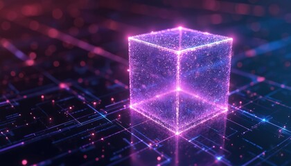 Leinwandbilder - Glowing digital cube with data streams and connections. Futuristic tech design with neon purple, blue light. Innovation concept for computing network. Digital transformation.