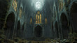 © Thanthara - Ancient ruins of gothic cathedral with stained glass windows and overgrown vegetation evoke