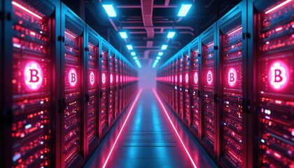 Poster - High-tech cryptocurrency mining farm Bitcoin symbols on servers. Digital currency mining, blockchain tech, financial innovation. Data center with servers, glowing Bitcoin signs. Digital finance,