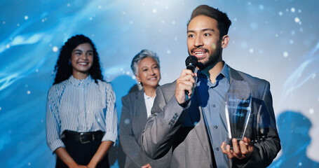 Poster - Man, award and happy on conference stage, mic and acceptance speech for performance at company. Person, staff and trophy at event with thanks, goal and smile for reward with success in finance career