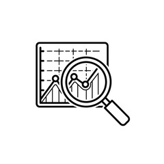 Poster - Data Analysis and Market Research: Line Chart with Magnifying Glass, Outline Vector Icon for Business Report and Financial Data Visualization