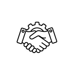 Fototapete - Line art handshake with gear icon, symbolizing cooperation, collaboration, and successful partnership in business, isolated on white background