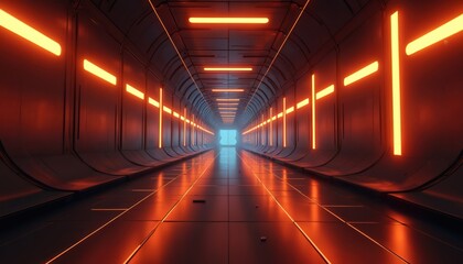Poster - Sci-fi tunnel glowing lines. Neon lights on the walls, futuristic design. Orange illumination, reflections, leading perspective towards portal. Technology, cyberspace, digital art.