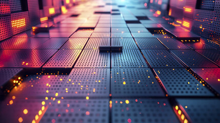 Poster - Futuristic metallic grid with glowing lights creating abstract pattern