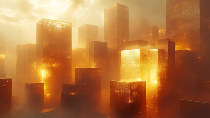 Poster - stunning cityscape featuring glowing golden structures emerging from misty atmosphere