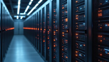 Poster - Contemporary data center server room with high-tech equipment. Blue orange LED lights indicate active network connections. Information technology, data transfer, cloud computing, processing, storage.