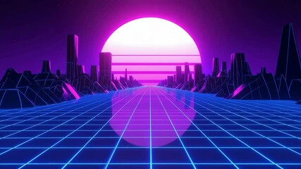 Poster - Retro futuristic city with grid and sunset, glowing pink and blue geometric landscape, synthwave style background.