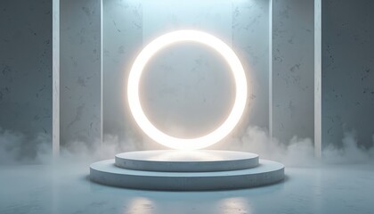 Poster - 3D rendering of tech podium stage with bright neon circle light. Futuristic platform, empty space for product presentation, abstract digital background with fog effect. Suitable for gaming, metaverse