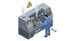 © Santiago - Industrial machine malfunction with operator safety alert in factory setting vector illustration