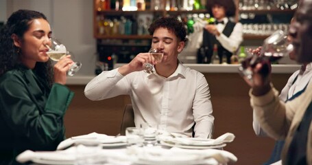Aufkleber - Business, people or cheers with celebration at restaurant for company success, goals or achievement. Client dinner, employees and alcohol toast for partnership deal, networking or team building event