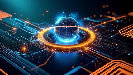Poster - Digital network sphere connecting through circuit board, creating innovative global technology with glowing neon lines and patterns.