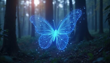 Poster - Digital butterfly glows in forest. Blue lights mesh network design symbolizes beauty technology. Illustration showcases nature tech fusion, imagination, fantasy.