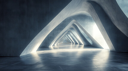 Poster - modern corridor featuring shifting polygon forms and neutral light creates serene atmosphere