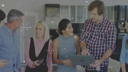 Poster - woman raising smartphone for update, man pointing laptop, business team collaborating under overlay