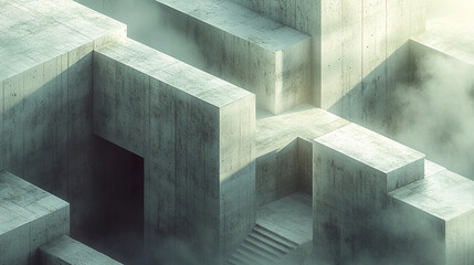 Poster - surreal architectural landscape with concrete structures and soft shadows