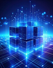 abstract digital illustration featuring data blocks connected by glowing lines futur
