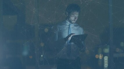 Poster - Office worker tapping tablet and summoning holographic network overlay for real-time data analysis