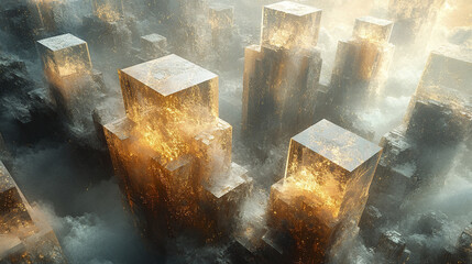 Poster - stunning view of glowing cube structures emerging from misty landscape, creating surreal