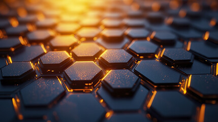 Poster - Shiny hexagonal modules create mesmerizing pattern with warm golden light reflecting off