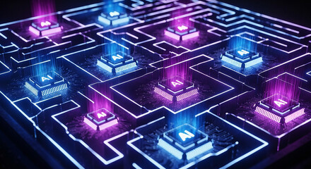 Poster - Futuristic Glowing Artificial Intelligence Circuit Board Maze Conceptual Illustration