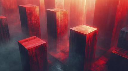 Poster - surreal landscape featuring towering red cubes emerging from misty environment, creating