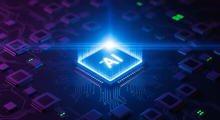 Poster - Glowing Futuristic AI Processor Chip on Circuit Board Technology