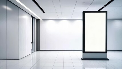 Poster - Blank advertising display in a bright spacious modern corridor.  Poster display for advertising and announcements in an office building lobby.