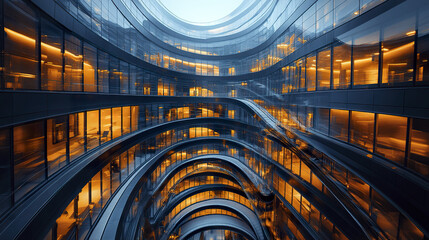 Poster - stunning spiraled atrium with mirrored walls, illuminated by ambient soft light, creates