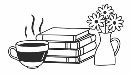Poster - Illustration of a steaming cup of coffee, stack of books, and a vase of flowers in line art style created with generated ai