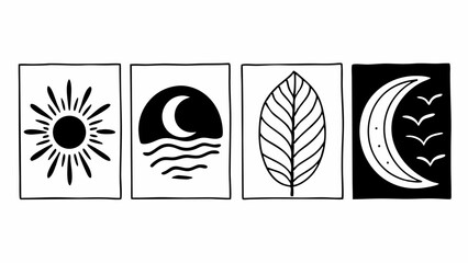 Poster - Four square panels displaying sun, moon over water, leaf, and moon with birds in black and white created with generated ai
