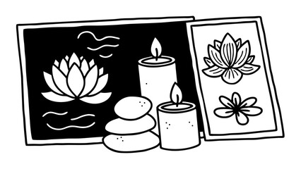 Poster - Still life with lotus flower art, candles, and stacked stones in black and white illustration created with generated ai