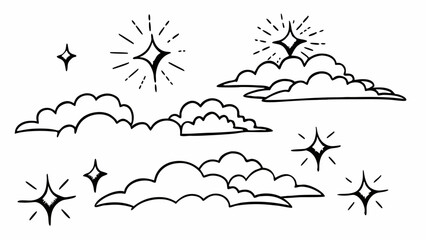 Poster - Illustration of several clouds and stars in a black and white doodle style drawing with simple line art created with generated ai