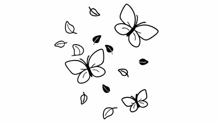 Poster - Outlined butterflies and leaves scattered on a white background in a simple line art style design created with generated ai