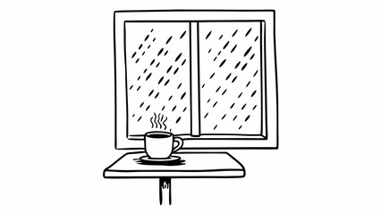 Poster - A cup of coffee on a table in front of a window with rain falling outside in a black and white sketch created with generated ai