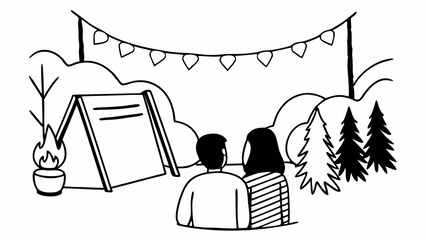 Poster - Couple watching tent and campfire under string lights in the woods in black and white illustration created with generated ai