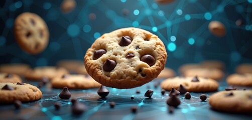 Poster - Illustration of broken cookies with chocolate chips in a digital network representing data privacy. Cookies symbolize online tracking, privacy concerns, internet security, web technology.