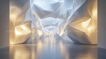 Poster - vast gallery featuring suspended polygonal forms, illuminated by soft light, creates ethereal
