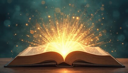 Poster - Open book with vibrant light bursts outwards, creating magical scene. Gold sparkles, vintage style. Knowledge, fantasy, storytelling, literature. Represents learning, wisdom, imagination, discovery.