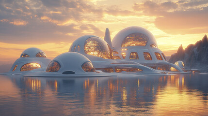 Poster - Futuristic geometric domes reflecting on water at sunset create serene atmosphere